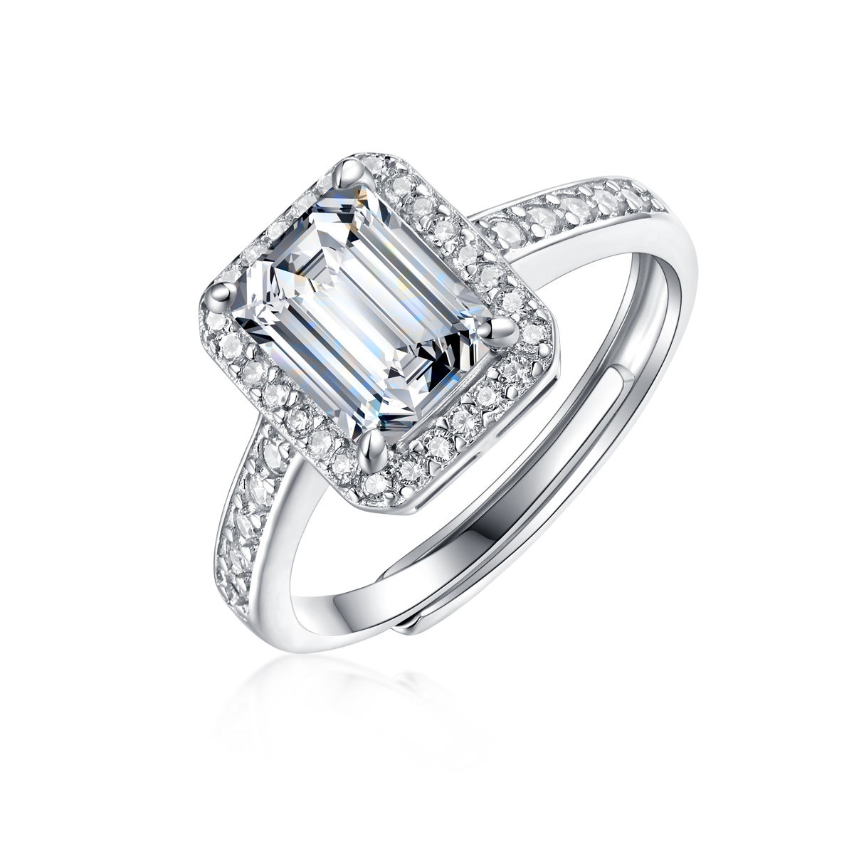 R11562-6.5-02 Anillo Halo Esmeralda de Plata y Moissanita, vista alternativa 1